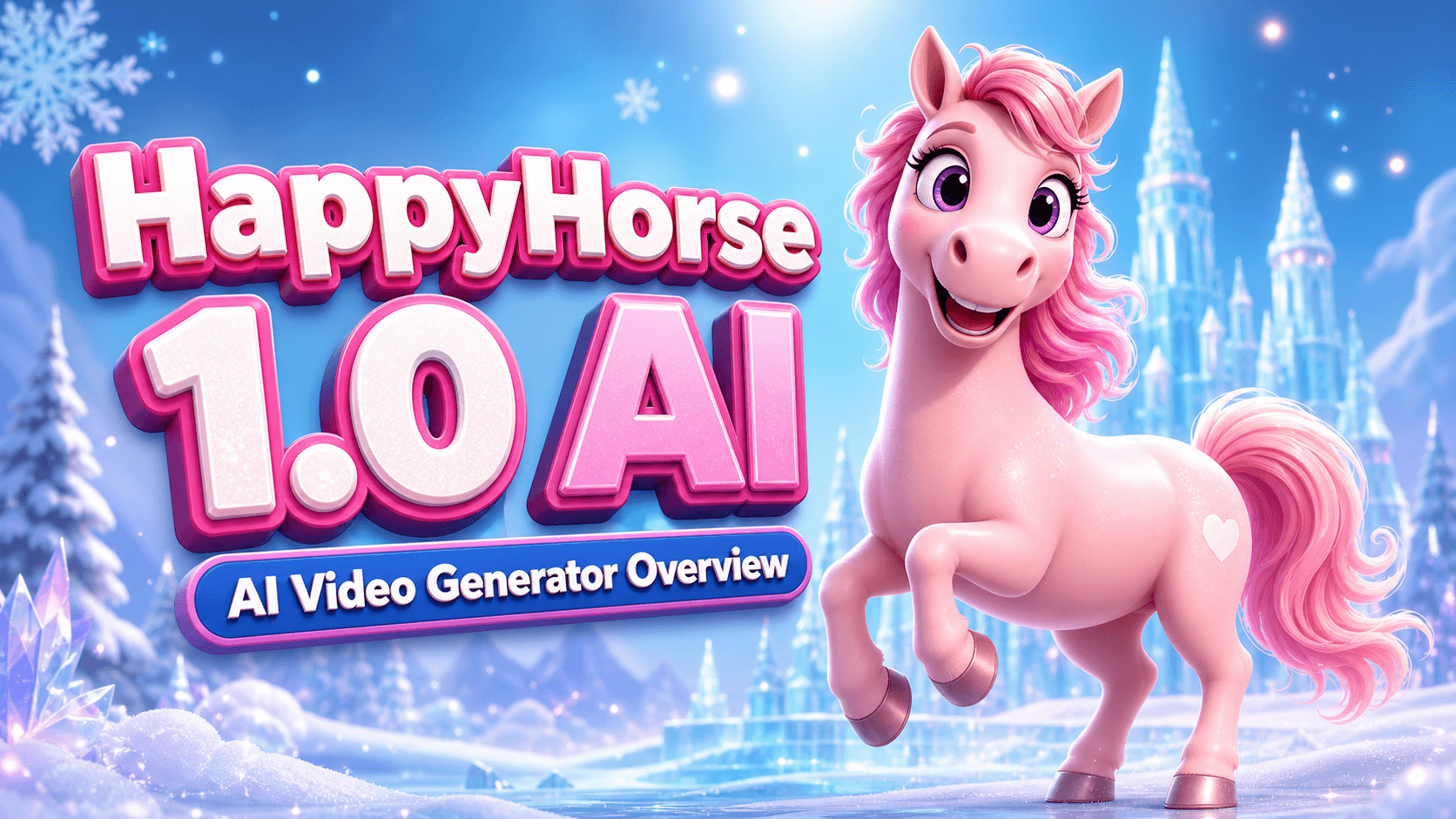 HappyHorse 1.0 AI video generator cover with a pink 3D horse
