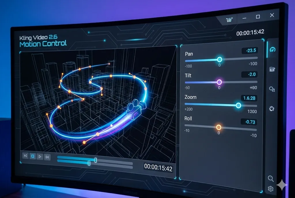 Kling 2.6 motion control interface showing camera path and parameters