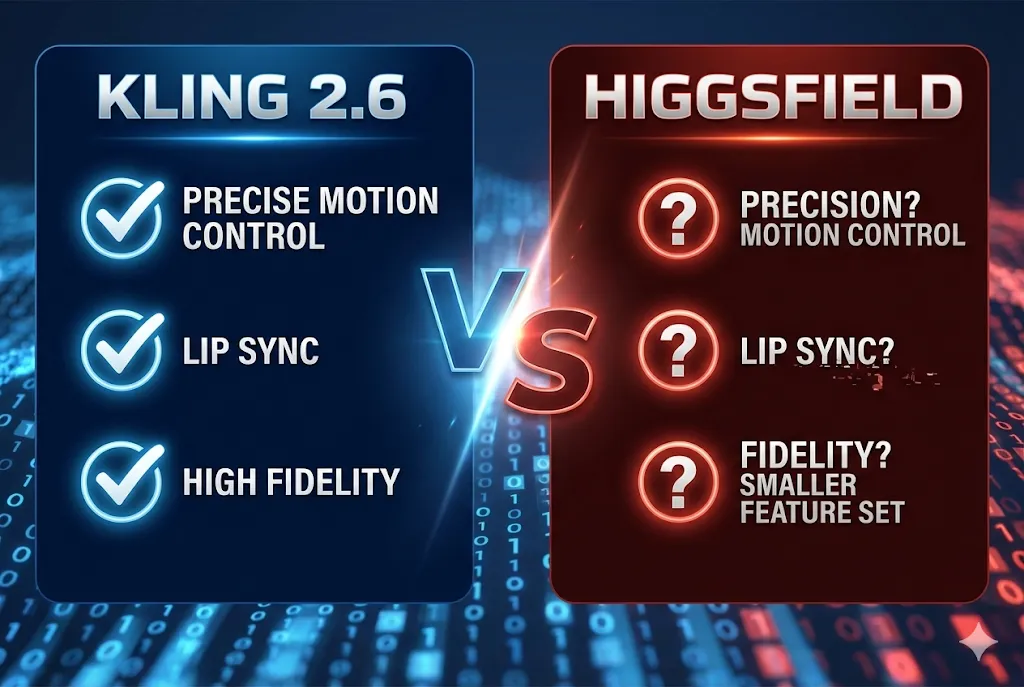 Kling 2.6 vs Higgsfield feature comparison infographic