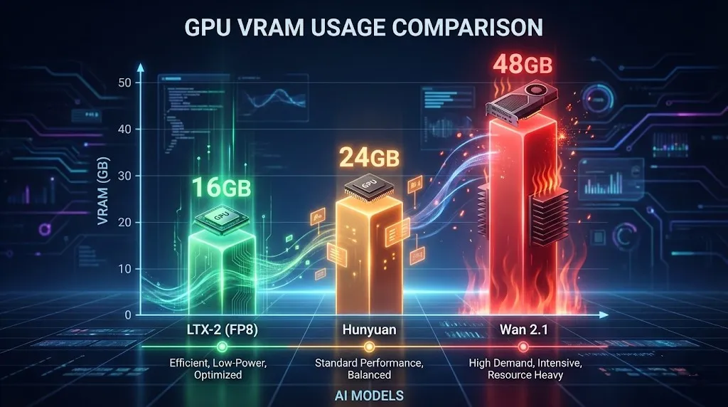 Comparison of VRAM usage between LTX-2 (FP8), Hunyuan, and Wan 2.1